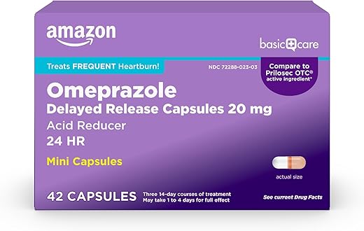Omeprazol Cápsulas Mini de Liberação Retardada 20 mg, Redutor de Acidez, Trata Azia Frequente, 24HR, 42 Unidades - Amazon Basic Care