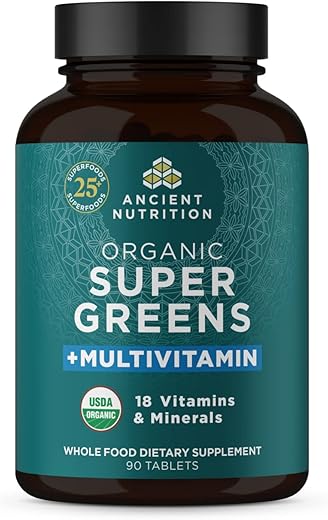 SuperGreens e Multivitaminas Orgânicas com Probióticos, Feitos de Frutas, Vegetais e Ervas Reais, para Suporte Digestivo, Desintoxicação e Energia, 90 comprimidos - Ancient Nutrition
