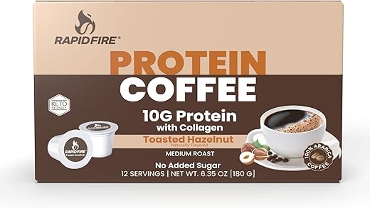 RAPID FIRE - Café Proteico Sabor Avelã Torrada, Amigo da Dieta Keto, 10g de Proteína com Colágeno, Vitaminas e Minerais, 12 Porções em Cápsulas K-Cup. Pode Acelerar o Metabolismo e Aumentar a Energia, Multi