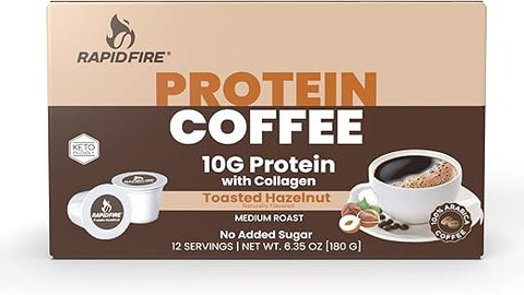 RAPID FIRE - Café Proteico Sabor Avelã Torrada, Amigo da Dieta Keto, 10g de Proteína com Colágeno, Vitaminas e Minerais, 12 Porções em Cápsulas K-Cup. Pode Acelerar o Metabolismo e Aumentar a Energia, Multi