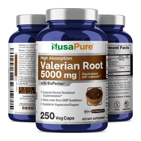 Valerian Root 5000 mg por Cápsula Vegetal, 250 Unidades, Vegano, Não-OGM, Bioperine - NusaPure