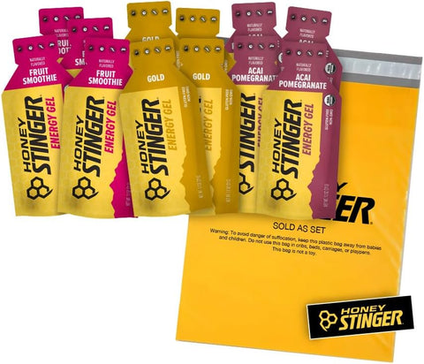 Géis Energéticos Orgânicos – Kit Sortido com Adesivo – 12 Unidades – 4 de Cada Sabor – Fonte de Energia para Qualquer Atividade – Açaí Romã, Ouro - Honey Stinger