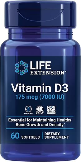 Vitamina D3 175 mcg (7000 UI) Life Extension: Suporte ao sistema imunológico, saúde óssea, desempenho cerebral. Sem glúten, não transgênico. Fornecimento para dois meses em 60 softgels