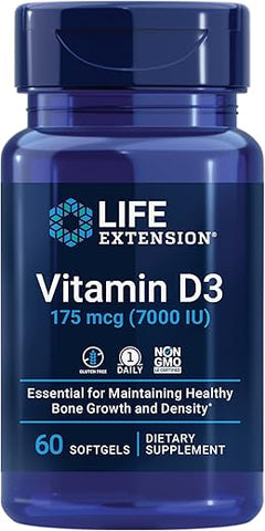 Vitamina D3 175 mcg (7000 UI) Life Extension: Suporte ao sistema imunológico, saúde óssea, desempenho cerebral. Sem glúten, não transgênico. Fornecimento para dois meses em 60 softgels