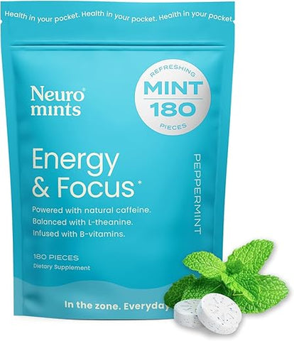 Energy Mints (180 Unidades) – Sem Açúcar com L-teanina, Cafeína Natural e Vitamina B12 - NeuroGum