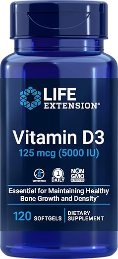 Vitamina D3 5000 UI, 120 Softgels, 125mcg – Benefícios para a saúde óssea e imunidade - Life Extension