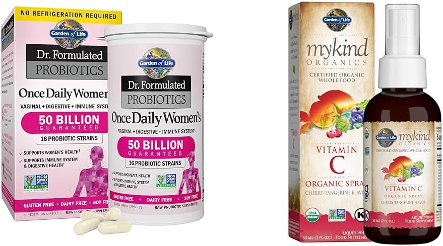 Dr. Formulated Probióticos 50 Bilhões UFC 16 Cepas para Mulheres, Spray de Vitamina C Orgânica para Crianças - Garden of Life