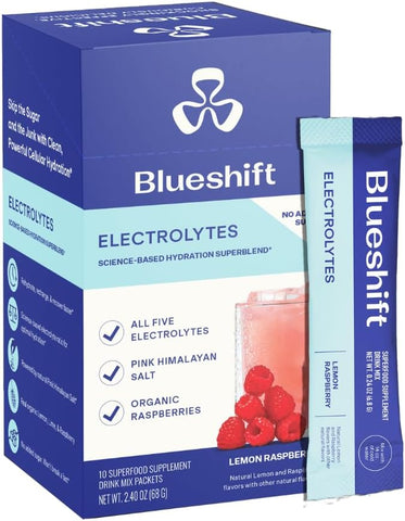 Real Food Electrolytes: Hidratação premiada com os 5 eletrólitos, Sal Rosa do Himalaia, Magnésio, Framboesas Orgânicas, Limões e Limas, Sachês em Pó, 100% Natural - Blueshift