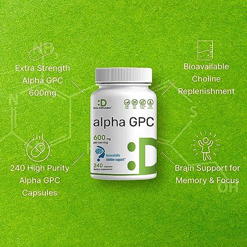 Alpha GPC 600mg por Porção, 240 Cápsulas – Reposição de Colina Bioativa – Suplementos para Saúde Cerebral, Memória e Concentração – Livre de Transgênicos e Glúten - DEAL SUPPLEMENT
