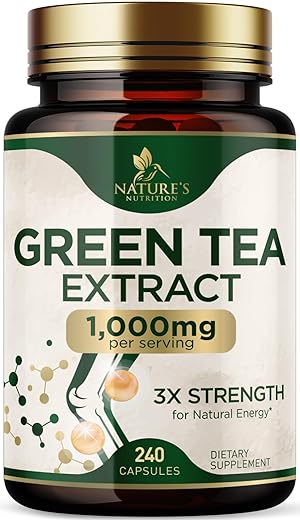 Nature's Nutrition - Extrato de Chá Verde em Cápsulas para Perda de Peso 1000mg 98%% Padronizado em EGCG – 3X Mais Potente para Energia Natural – Suporta a Saúde Antioxidante do Coração com Polifenóis, Suplemento Herbal Vegano