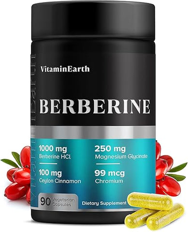 Vitamin Earth - Berberine HCL Complex 1000mg – Fórmula Médica com Canela Ceylon e Picolinato de Cromo – Puro Berberine – 60 Cápsulas
