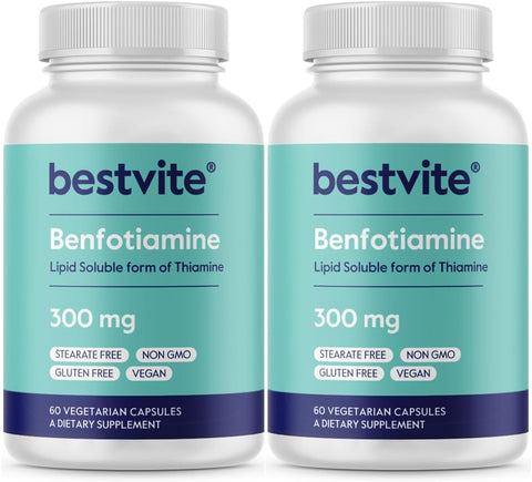 Benfotiamina 300mg (120 Cápsulas Vegetarianas) (60×2) Sem Estearatos – Sem Dióxido de Silício – Vegano – Não Transgênico – Sem Glúten - BESTVITE