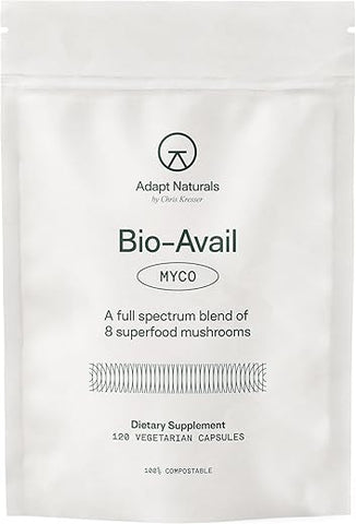 ADAPT NATURALS BY CHRIS KRESSER - Adapt Naturals Bio-Avail Myco – Suplemento de Cogumelo Bio-disponível 8 em 1 – Complexo de Cogumelos – Chaga, Cordyceps, Reishi, Lions Mane – Pressão Sanguínea, Memória, Imunidade – 120 Cápsulas