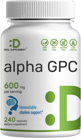 Alpha GPC 600mg por Porção, 240 Cápsulas – Reposição de Colina Bioativa – Suplementos para Saúde Cerebral, Memória e Concentração – Livre de Transgênicos e Glúten - DEAL SUPPLEMENT