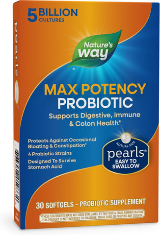 Nature's Way - Nature’s Way Max Potency Probiotic Pearls para Homens e Mulheres, Suporte Digestivo, Imunidade, Saúde do Cólon*, 5 Bilhões de Culturas Vivas, Sem Necessidade de Refrigeração, 30 Softgels