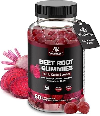 VITAMIZED - Gummies de Beterraba Potente 1000mg – Suplemento de Óxido Nítrico – Mastigáveis de Beterraba com Semente de Uva
