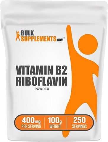 com Pó de Riboflavina – Vitamina B2, Suplemento de Vitamina B2 – 400mg de Riboflavina, Vitaminas B para o Bem-Estar, Sem Glúten, 400mg por Porção, 100g (Pack de 1) - BulkSupplements