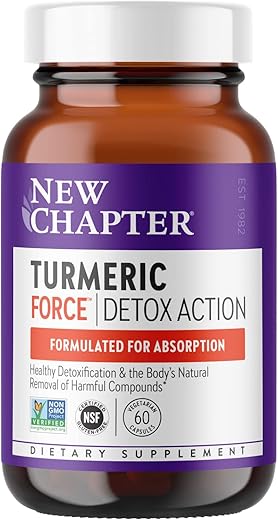 New Chapter - Novo Capítulo Suplemento de Cúrcuma Detox Diário Turmeric Force Ação Detox com Chá Verde Gengibre Sem Necessidade de Pimenta Preta Ingredientes Não-OGM Cápsula Vegetariana, 60 Unidades