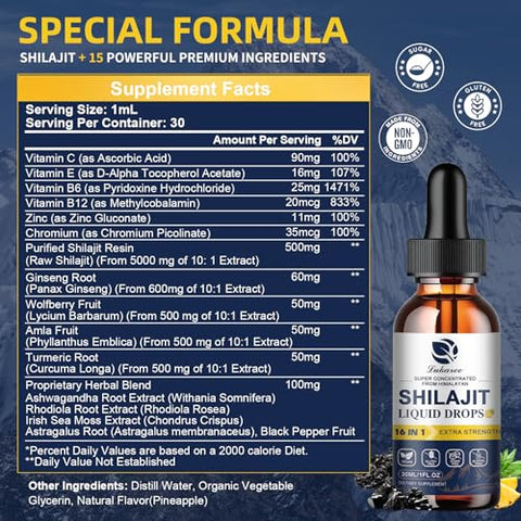 Lukaree - (2 Pacotes) Shilajit Resina Líquida 16 em 1, Shilajit c/ Ginseng, Cúrcuma, Rhodiola, Goji Berry, Amla