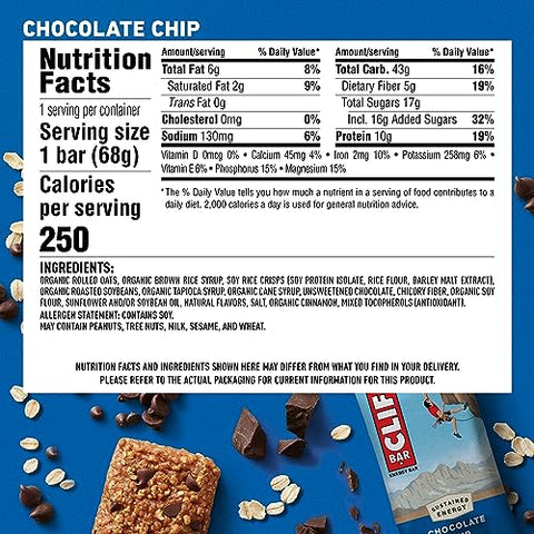 Chocolate Chip – Barras Energéticas de 2.4 oz (15 Pacotes) – Aveia Orgânica – 10g de Proteína – Sem OGM – Baseada em Plantas - Clif Bar