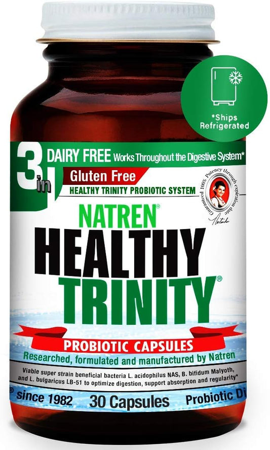 Healthy Trinity Probióticos – 30 Cápsulas em Gel Livres de Laticínios e Glúten – Melhore a Saúde Intestinal e Digestiva, 30 Bilhões de UFC – Lactobacillus Acidophilus - Natren