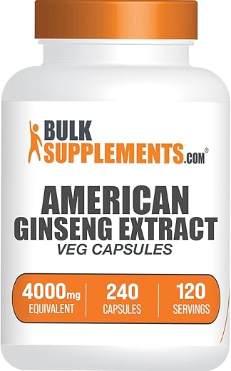 BulkSupplements - American Ginseng Capsules – Extrato de Ginseng Americano, Suplemento Herbal de Ginseng – Vegano, 2 Cápsulas por Porção (4000mg Equivalente), 240 Cápsulas Vegetais (Pacote…)
