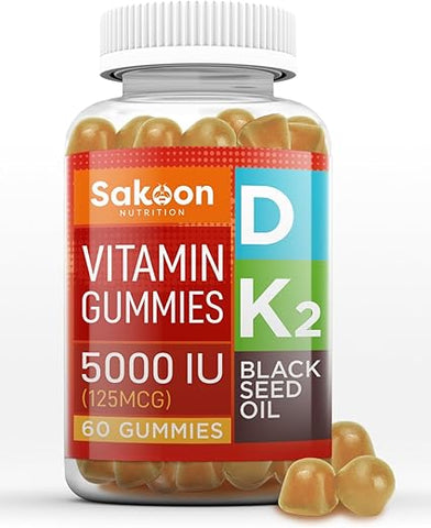 Sakoon nutrition - Sakoon Nutrition – Vitamina D3 K2 5000 UI com Óleo de Semente Negra para Suporte Ósseo, Dental, Muscular e Imunológico – 60 Gomas de Mascar