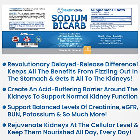 Kidney Restore - Cápsulas de Bicarbonato de Sódio 650mg de Liberação Retardada para Apoiar a Função Renal Normal