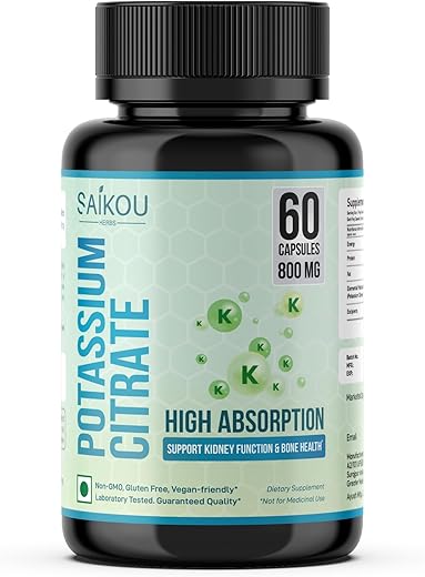 SAIKOU HERBS - Potássio Citrato 800 mg Suplemento de Alta Absorção – 60 Porções Suporta Equilíbrio Eletrolítico, Saúde Renal e Óssea