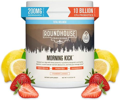 ROUNDHOUSE PROVISION - Chuck Norris Morning Kick: Pó Superfood de Ashwaganda, Colágeno e Probióticos – Energia e Saúde, 30 Porções (Morango Limonada)