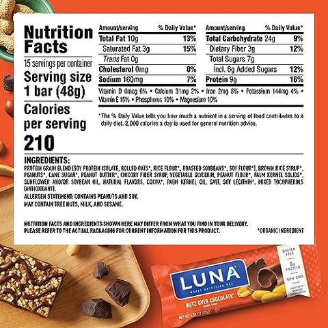 Luna Bar - Barra de LUNA – Sabor Nutz Over Chocolate – Sem Glúten – Não-OGM – 7-9g Proteína – Feito com Aveia Orgânica – Baixo Índice Glicêmico – Barras de Lanche de Nutrição Completa – 1,69 oz (15 Unidades)