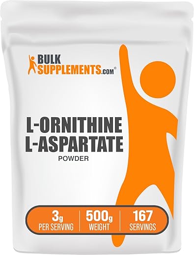com L-Ornitina L-Aspartato em Pó – Suplemento de Ornitina, Pó de Ornitina – Suplemento de Aminoácidos, Sem Glúten, 3g por Porção, 500g (1,1 lbs) (Pacote de 1) - BulkSupplements