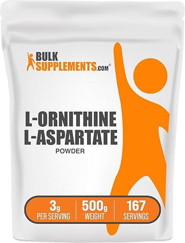 com L-Ornitina L-Aspartato em Pó – Suplemento de Ornitina, Pó de Ornitina – Suplemento de Aminoácidos, Sem Glúten, 3g por Porção, 500g (1,1 lbs) (Pacote de 1) - BulkSupplements