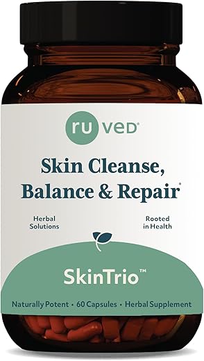 R-U VED - Ruved SkinTrio: Suplemento Ayurvédico para Pele Clara, Calma e Radiante, Suporte para Desintoxicação e Digestão com Neem, 60 Cápsulas Vegetarianas