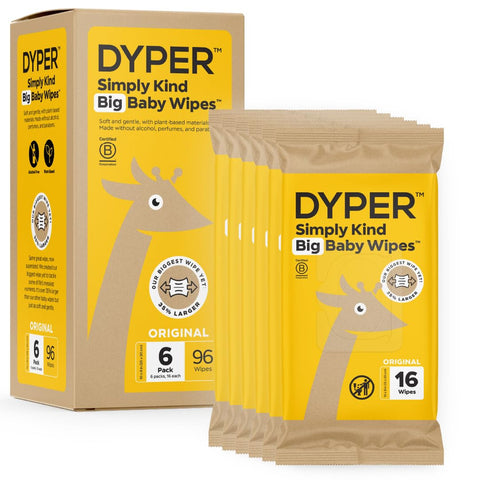 Big Baby Wipes – XL Banho Lenços Umedecidos, 100%% à Base de Plantas, Hipoalergênico para Pele Sensível, 6 Pacotes, 96 Lenços - DYPER