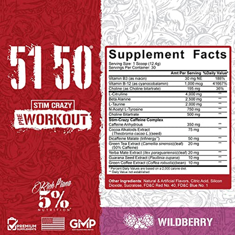 5% Nutrition - Rich Piana 5%% Nutrition 5150 Pré-Treino em Pó de Alta Estimulação | Energia Extrema, Foco, Bombas | 5150 Nutrition