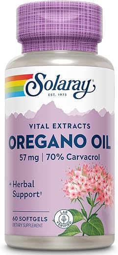 SOLARAY - Óleo de Orégano Solaray 70%% Carvacrol | 60 Cápsulas | Óleo Essencial de Orégano | 70%% Carvacrol | 60 Unidades
