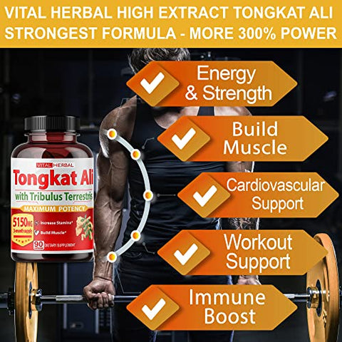 VITAL HERBAL - Ultra Cápsulas de Extrato de Tongkat Ali Equivalente a 5150mg – Máxima Potência com Ashwagandha Tribulus Terrestris Ginseng Horny Goat Weed para Homens Mulheres – Aumente a Energia Construa