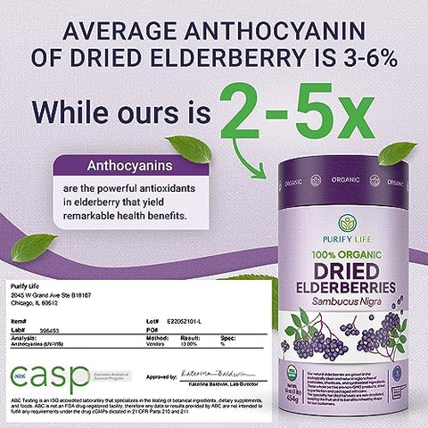 Purify Life - Elderberries Orgânicas Secas USDA 454g a Granel (Embalagem Segura, Saco Reselável, Colher Livre de BPA) Natural, não irradiada, Sambucus Preto Inteiro Cru para Suporte Imunológico