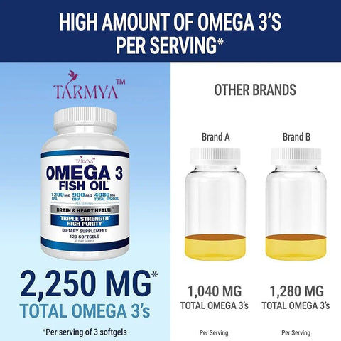 Tarmya - Ômega 3 Óleo de Peixe | 1200mg EPA 900mg DHA | Suplemento para Cérebro e Coração para Homens e Mulheres | Melhores Ácidos Graxos Essenciais | Cápsulas Premium sem Sabor de Peixe (120 Cápsulas)