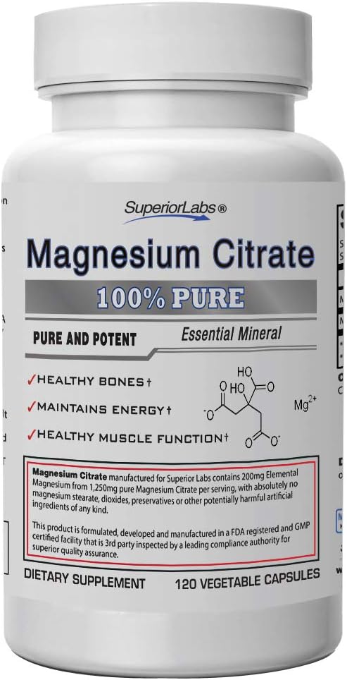 Magnesium Citrate – 100% Não-OGM Seguro de Aditivos, Estearatos, Glúten e Outros Alergénios – Dose Poderosa para Sono, Cãibras, Espasmos – 1.250mg Citrato, 120 Cápsulas - Superior Labs