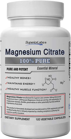 Magnesium Citrate – 100% Não-OGM Seguro de Aditivos, Estearatos, Glúten e Outros Alergénios – Dose Poderosa para Sono, Cãibras, Espasmos – 1.250mg Citrato, 120 Cápsulas - Superior Labs