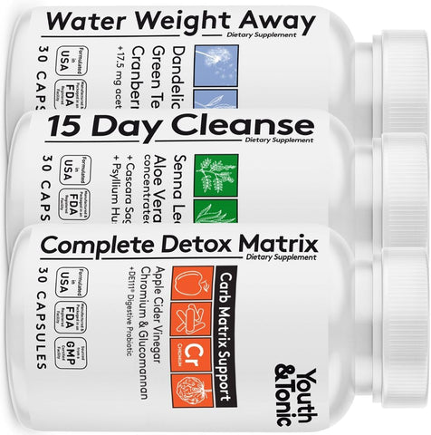 Youth & Tonic - 3pk Detox Cleanse Kick Off – Gerenciamento de Peso | Pílulas de Limpeza do Cólon para Perda de Água com Dente-de-leão ACV – Detox Completo com Probióticos | Para Barriga Lisa, Cintura, Metabolismo | Marca em Destaque