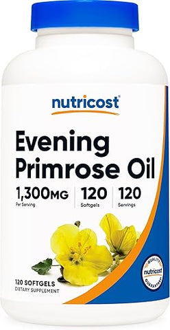 Óleo de Prímula Nutricost 1.300mg, 120 Softgels – Prensado a Frio, Não-OGM, Sem Glúten, 120 Porções