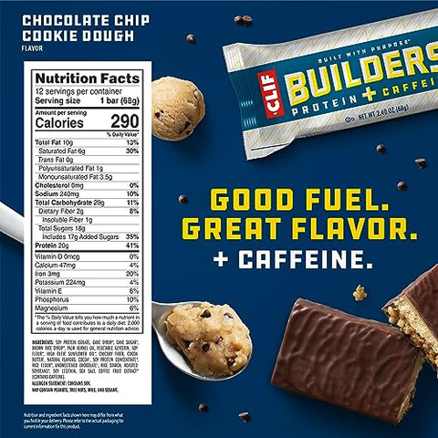 CLIF BUILDER'S - CLIF Builders Caffeine – Barra de Proteína à Base de Plantas – Sabor Cookie Dough com Gotas de Chocolate – Sem Glúten – Não-OGM – Baixo Índice Glicêmico – 20g de Proteína – 68g (12 Unidades)