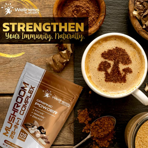 WELLNESS LABSRX - Pó de Cogumelo Orgânico 25 em 1 Lions Mane – 2000mg – Suplemento de Cogumelos Superfood, Chaga, Shiitake, Cordyceps, Reishi – Lion’s Mane