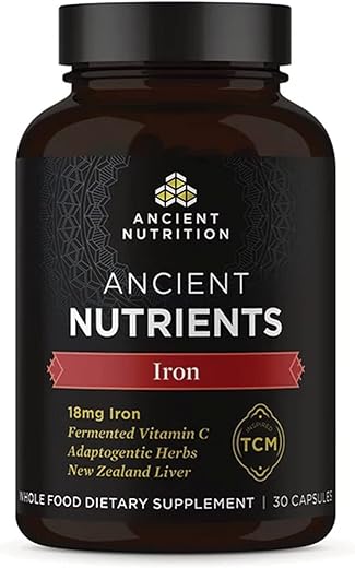 Suplemento de Ferro Ancient Nutrition, 18mg por Porção, Suporte contra Fadiga e Estresse, Ervas Adaptogênicas, Ativado por Enzimas, Paleo