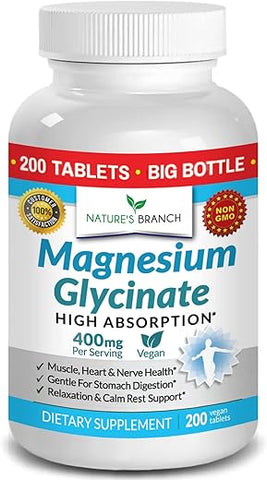 Nature's Branch - Magnésio Glicinato 400 mg – 200 Comprimidos – Alta Absorção, Bisglicinato de Mag Não Tamponado para Sono, Cãibras nas Pernas, Coração, Alívio Muscular, Alivio de Dores de Cabeça para Mulheres e