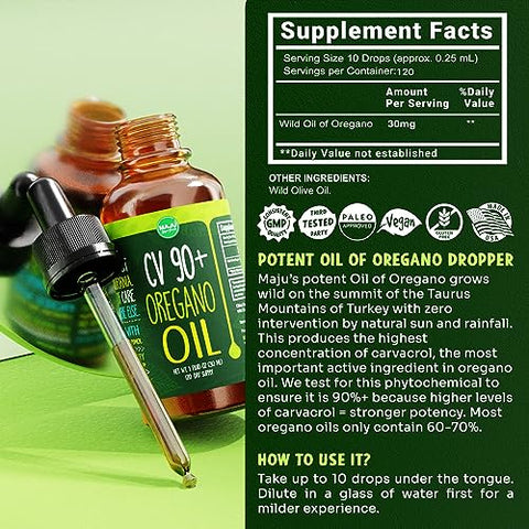 Maju Superfoods - Óleo de Orégano MAJU, Potente 90%% Carvacrol (30 ml) Óleo Essencial de Orégano Selvagem do Mediterrâneo, Aceite de Orégano, Suporte Imunológico e Sazonal, Comparável ao Orgânico