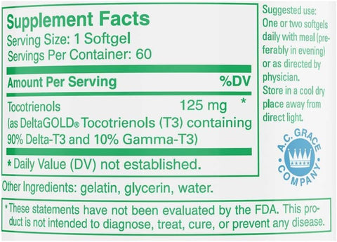 UNIQUE E - A.C. Grace Company – Softgels Unique E Tocotrienols, 60 Unidades – Livre de Tocoferol – 60 g
